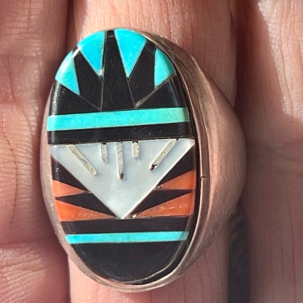 Native American Inlay Ring Iroquois Turquoise, Coral Mother of Pearl and Onyx